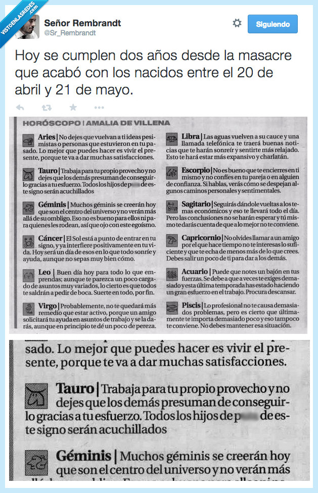 tauro,horoscopo,acuchillado,la noche de los cuchillos largos,aniversario,masacre,20minutos