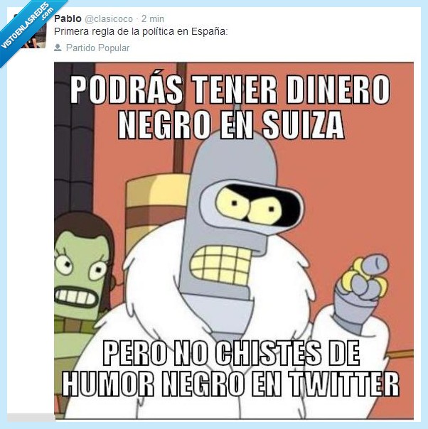 club de la lucha,reglas,política,partido popular,bender,zapata,humor negro,doble moral,suiza,dinero negro,futurama,corruptos