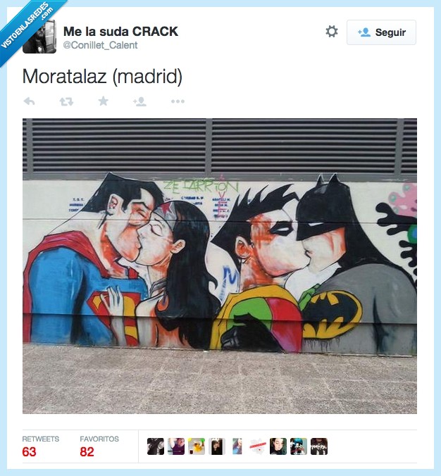 obra de arte,graffiti,batman,robin,sublime,Moratalaz,beso,besar,MAdrid,mercado