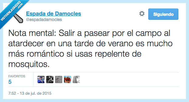 nota,mental,salir,pasear,campo,atardecer,verano,romantico,repelente,mosquito,picar,ataque
