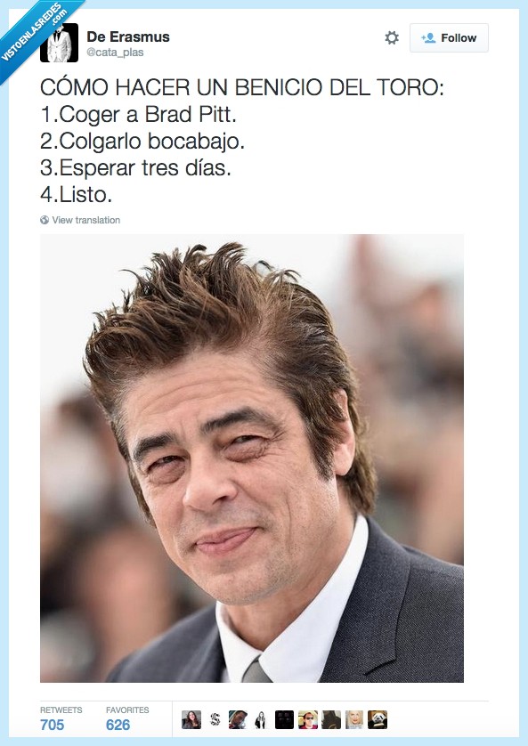 Benicio del Toro,Brad Pitt,colgar,bocabajo,esperar,días,listo,un poco sí se parecen