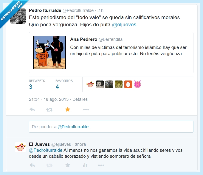 jueves,toros,Pedro Iturralde,humor,terrorismo,islamico,victima,ganar,vida,acuchillando,acuchillar,caballo