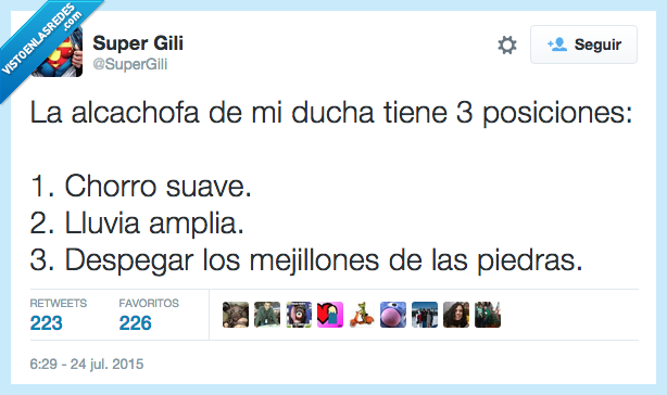 alcahofa,ducha,posiciones,tres,chorro,suave,fuerte,lluvia,amplia,presion,despegar,mejillones,piedras,dolor
