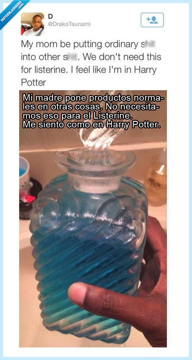 Harry Potter,Drako,Listerine,líquido,azul,botella,cristal,mana,madre,poner