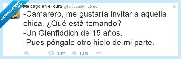 Camarero,hielo,twitter,Glenfiddich,caro,whisky,dinero,invitar,pobre,15,años