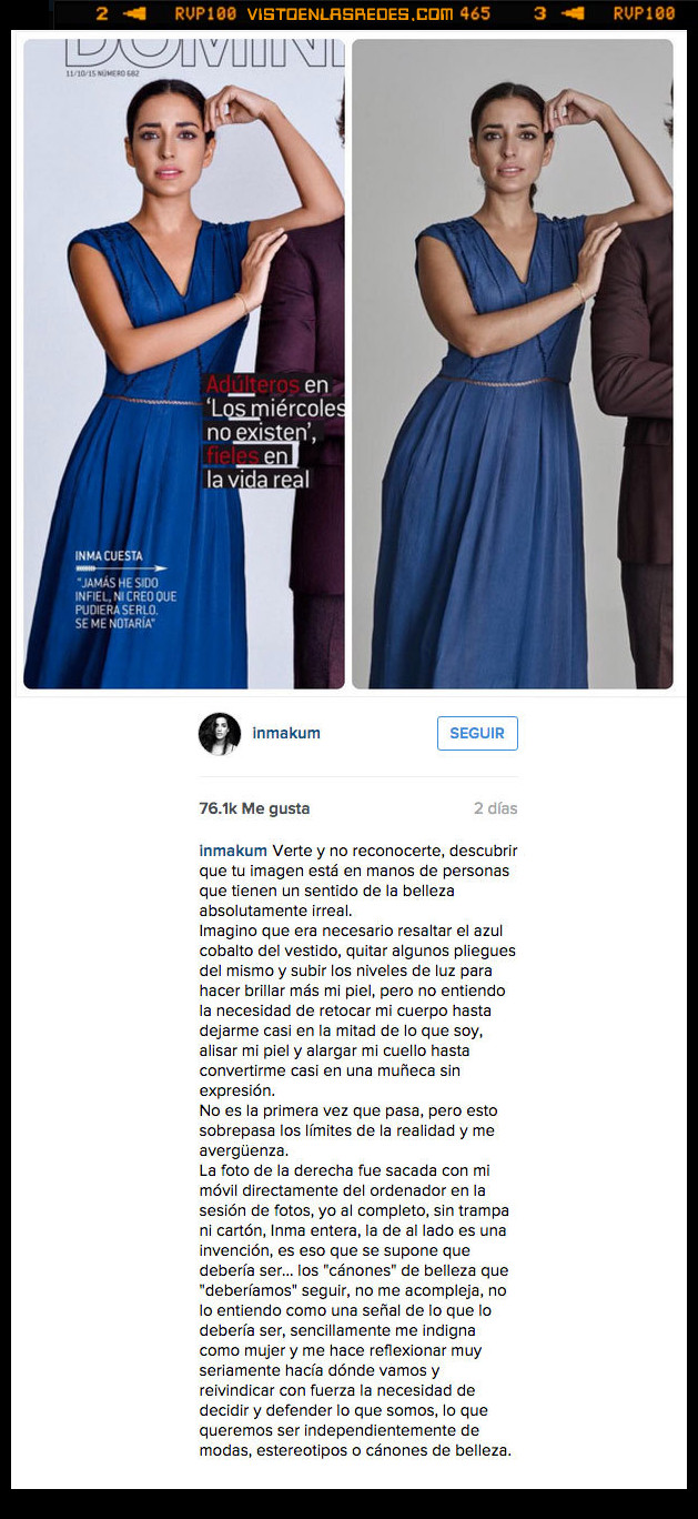 Inma Cuesta,actriz,queja,retoque,demasiado,photoshop,montaje,instagram,indignada
