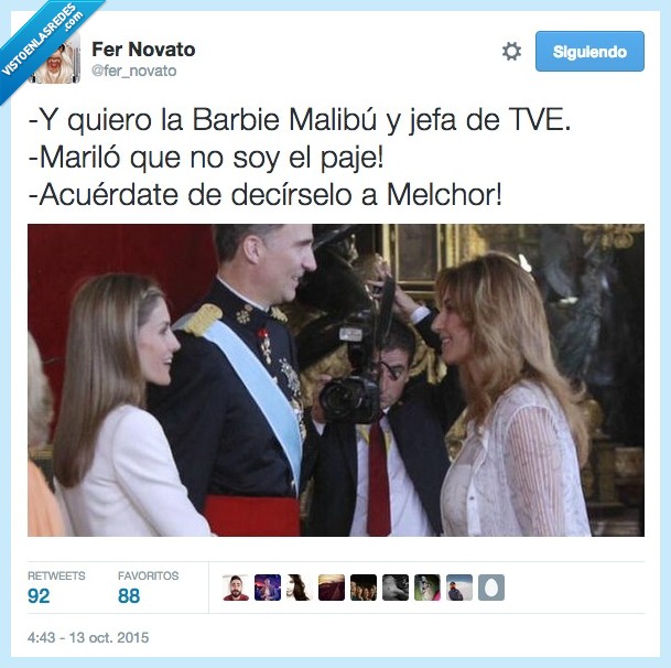 Barbie Malibú,jefa,TVE,Mariló Montero,paje,Reina,Rey,mago,Letizia,Felipe,decir,Melchor,pedir