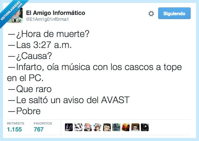 hora,muerte,causa,altavoz,cascos,tope,PC,aviso,avast,base,datos,virus,actualizada