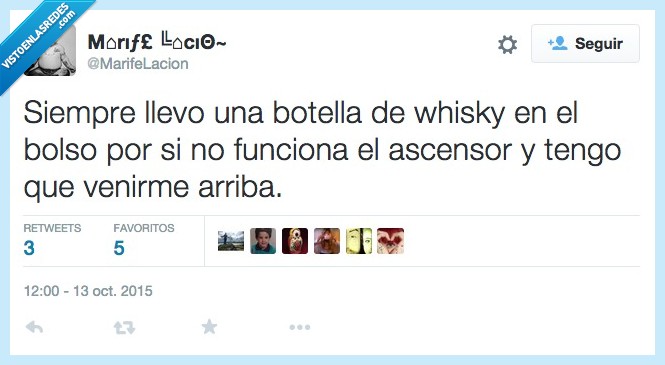 siempre,llevo,llevar,botella,whisky,bolso,funcionar,ascensor,venir,arriba,beber