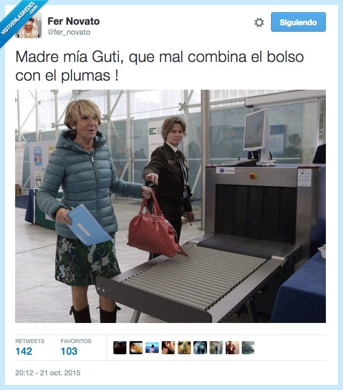 plumas,abrigo,chaqueta,bolso,Esperanza Aguirre,Guti,bombinar,pelo,peinado,aeropuerto,seguridad