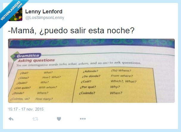salir,noche,madre,interrogatorio,libro inglés,preguntas,cuestionario,interrogativo,quien,que,como,con quien