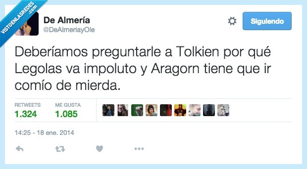 preguntar,tolkien,legolas,impoluto,elfo,limpio,aragorn,comio,sucio