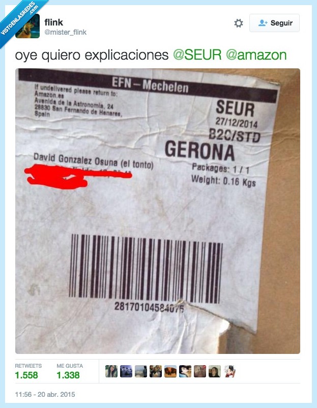amazon,seur,paquete,nombre,david,gonzalez,osuna,tonto,insultar