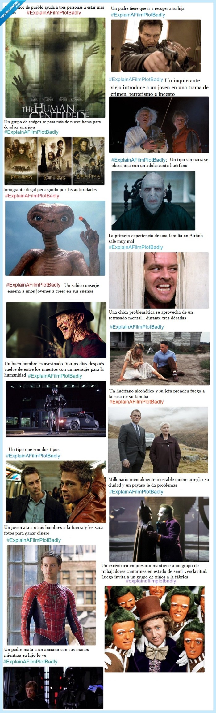 El ciempiés humano,Spiderman,Skyfall,Forrest Gump,Robocop,El club de la lucha,Charlie y la fábrica de chocolate,Batman,Venganza,El resplandor,Pesadilla en Elm Street,ET,Star Wars,Regreso al futuro,Harry Potter,películas,tramas,resumen,mal explicadas,El señor de los anillos