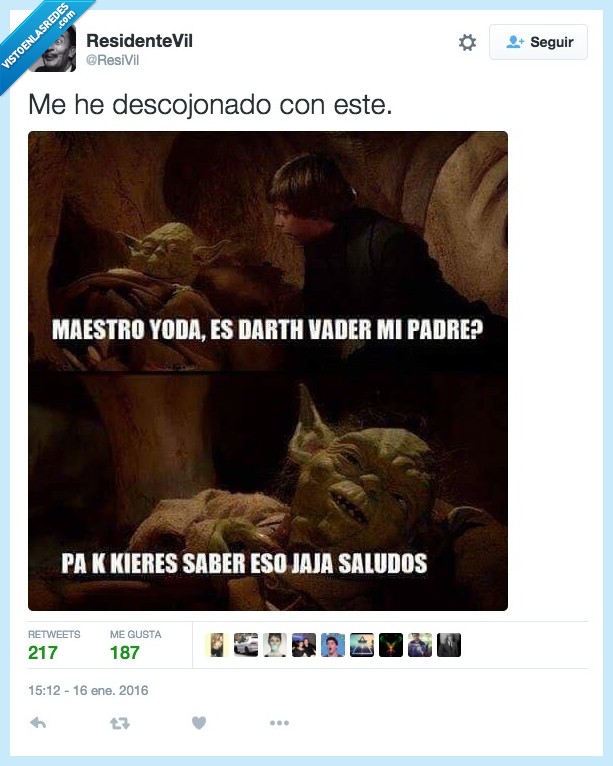 yoda,Darth Vader,padre,saber,eso,saludos,jaja,pa k kieres saber eso,Luke Skywalker,Star Wars