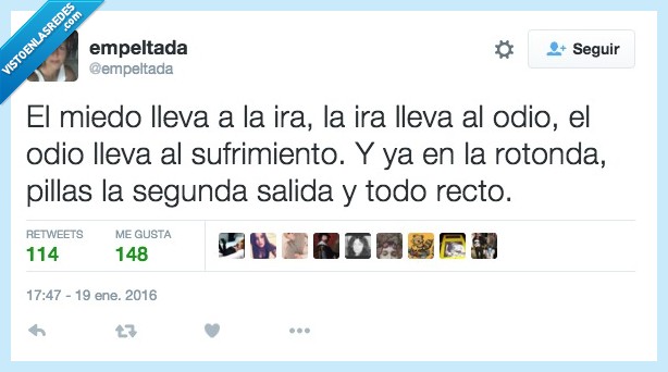 miedo,lleva,ira,odio,Star Wars,Lado oscuro,rotonda,pillar,segunda,salida,recto