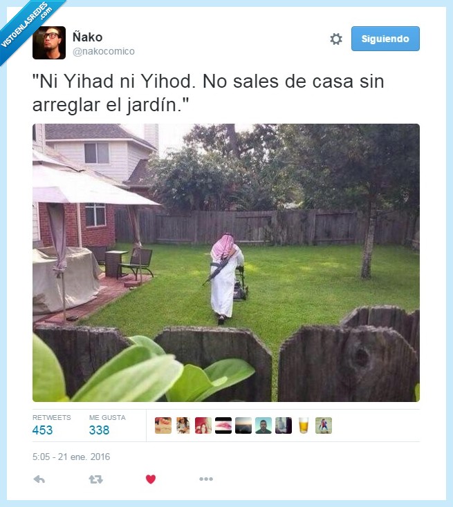 árabe,yihad,yihod,cortar el césped,arreglar el jardín,madre,padre,tipico,ak47