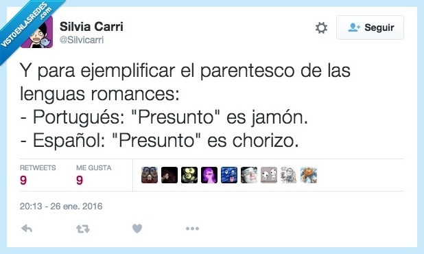 ejemplificar,parentesco,lengua,romance,portugués,español,presunto,jamón,chorizo