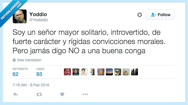 señor,mayor,solitario,introvertido,fuerte,carácter,rígido,convicción,moral,no,conga,buena,baile,locura,loco,renunciar