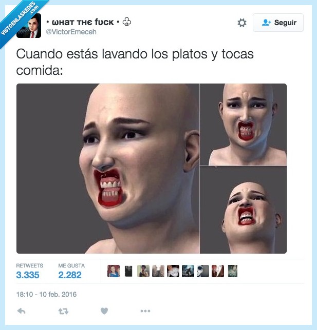 asco,cara,sonrisa,tocar,comida,lavar,platos,mojado