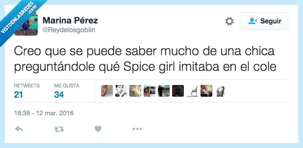 saber,mucho,chica,imitar,Spice Girl,cole,colegio,niña,personalidad