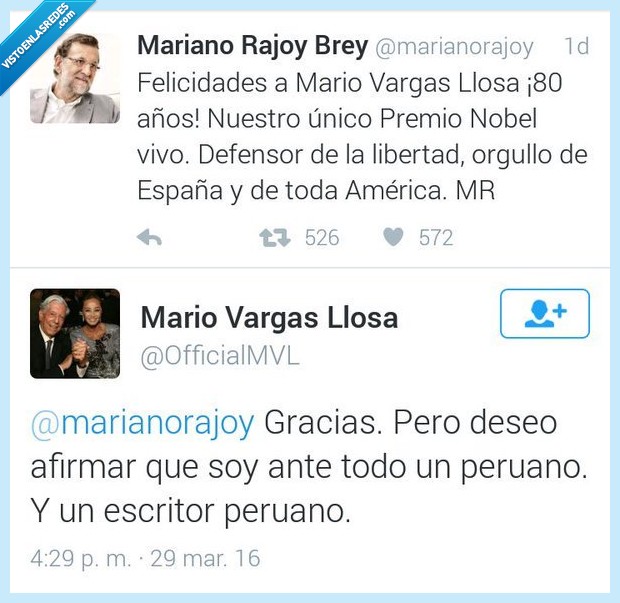 Mario Vargas Llosa,cumpleaños,peruano,Perú,felicitación,Mariano Rajoy