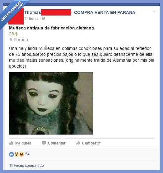 Muñeca,rara,miedo,exorcista,alemania,maldita,encantada,malas sensaciones