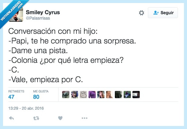 conversación,hijo,papi,comprar,sorpresa,colonia,letra,empezar