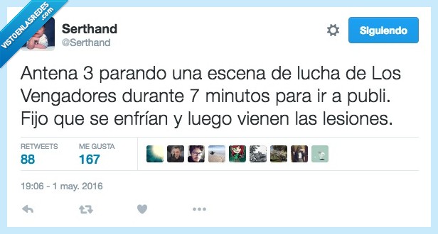 Antena 3,parando,para,escena,lucha,Los Vengadores,tirones,minutos,enfrian,lesiones