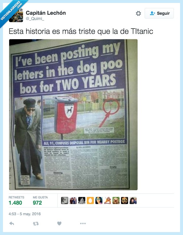 señor,carta,buzon,años,triste,historia,titanic,caca,perro,contenedor,papelera,pobre hombre :(