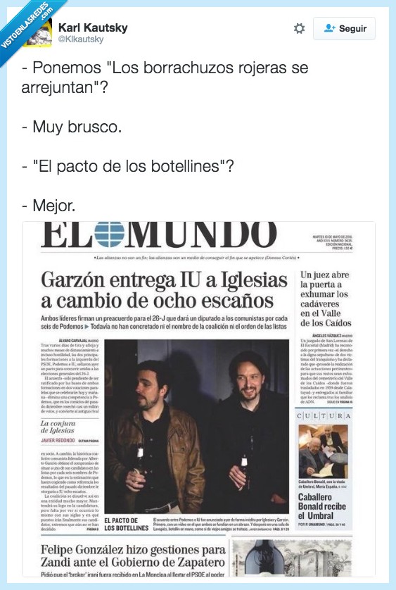Garzón,Iglesias,Pablo,Alberto,Izquierda Unida,Podemos,pacto,botellines,cerveza,borracho,El Mundo