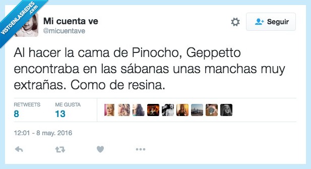Pinocho,Geppetto,cama,sabana,mancha,resina,extraña,qué será