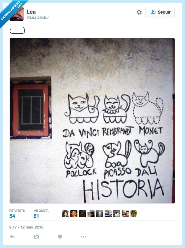 gato,arte,historia,graffiti,pintar,pared,picasso,dalí,da vinci,rembrandt,monet