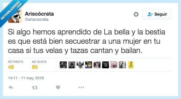 aprender,bella,bestia,secuestrar,mujer,casa,velas,tazas,cantar,bailar,secuestro