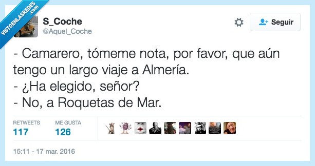 viaje,Almer&iacute;a,El Ejido,elegido,Roquetas de mar,camarero,nota