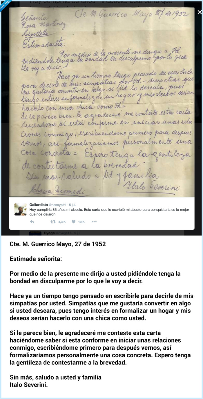 447626 - Un tuitero pública la carta de amor de sus abuelos de 1952 y conmueve a las redes sociales.