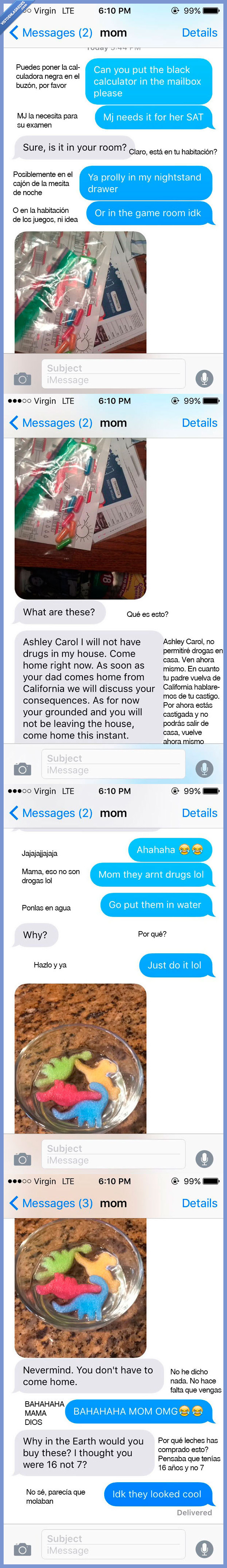 drogas,padre,madre,hija,pillar,pastillas,capsulas,dinosarios,agua