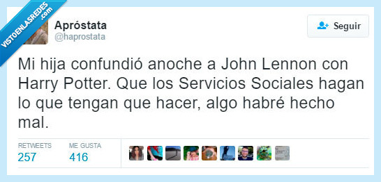 hija,confundir,servicios sociales,harry potter,john lennon