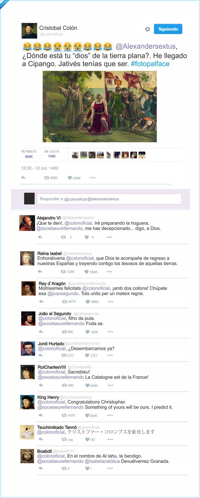 Cristobal Colón,Papa Alejandro,Reyes católicos,Cipango es Japón,Reyes europeos,Sátira,Twitter. Estado,Publicación,12 de Octubre.