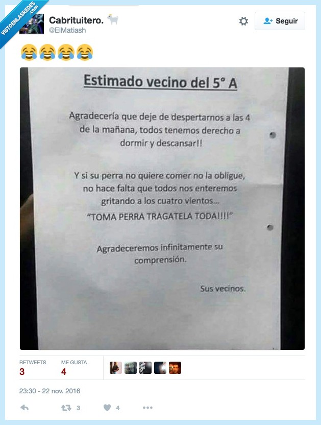 vecino,perra,cenar,gritar