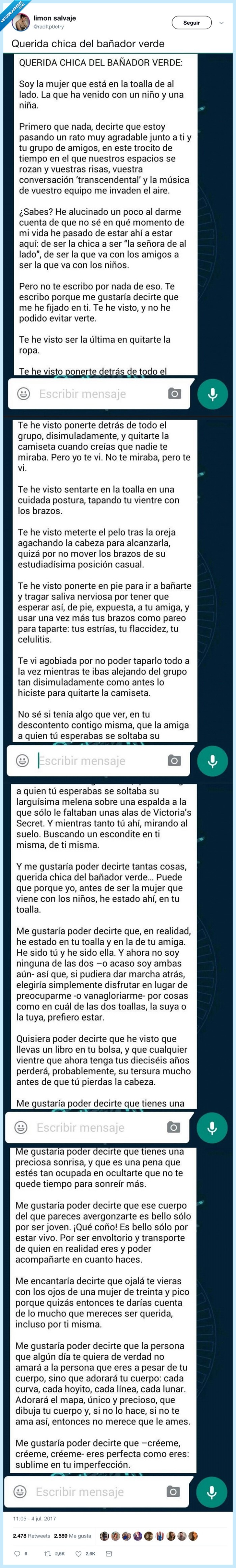 bañador verde,carta,viral,No os sintáis mal con vuestro cuerpo,por favor. Sois preciosas,vuestro cuerpo es precioso,disfrut