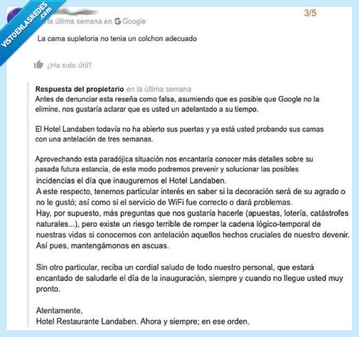 473089 - Un hotel triunfa con su genial respuesta a un usuario que se quejó por los colchones