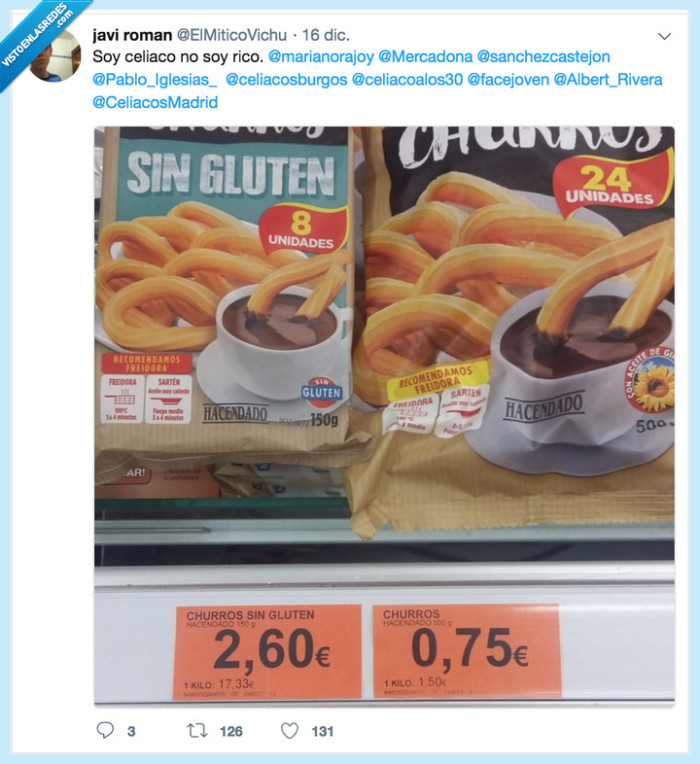 Ocho churros sin gluten 2'60€; veinticuatro churros con gluten 0'75€