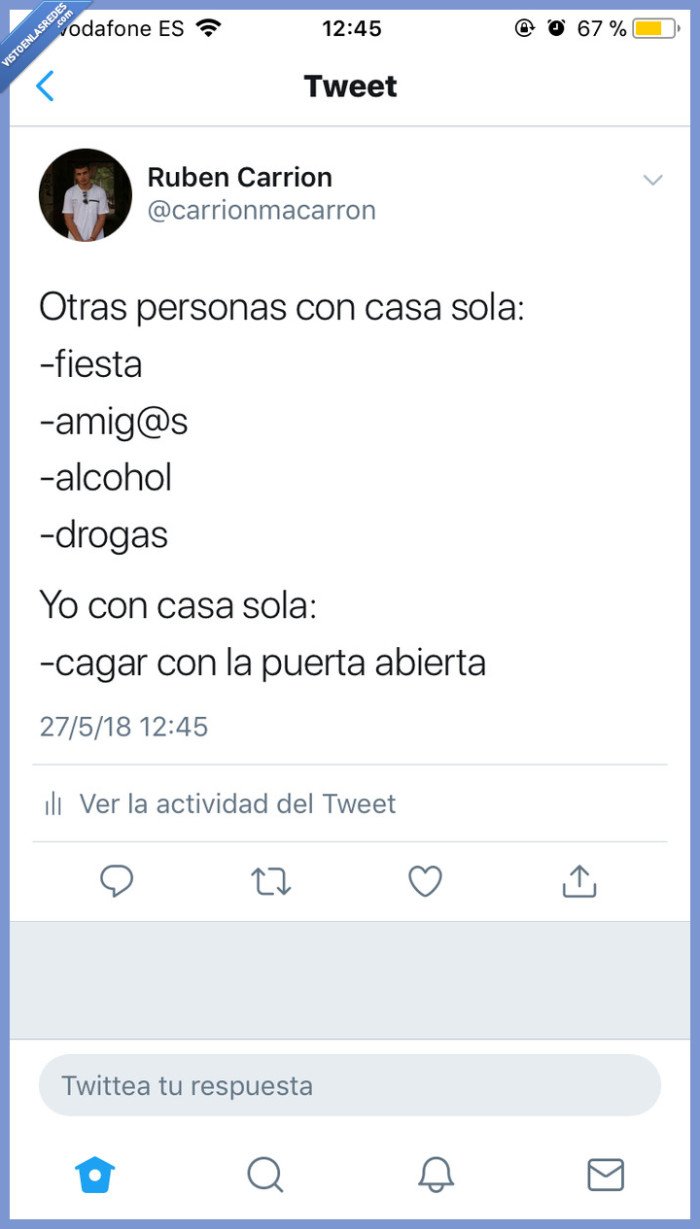Casa sola,fiesta,alcohol,cagar,Twitter