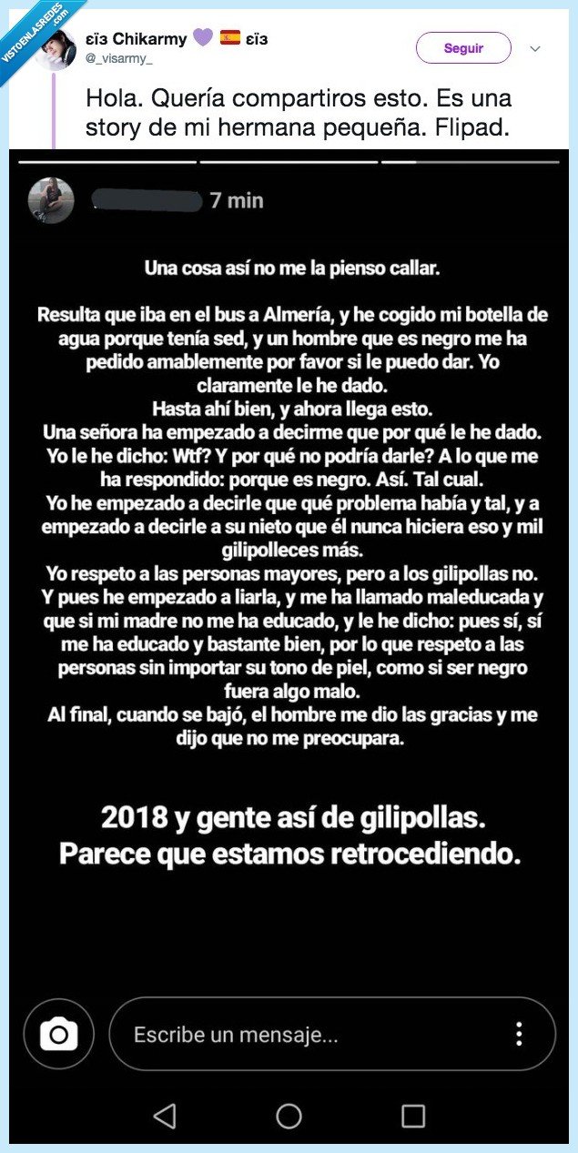 490171 - La historia de esta chica que decide dar de beber a una persona de color y se encuentra con una señora racista