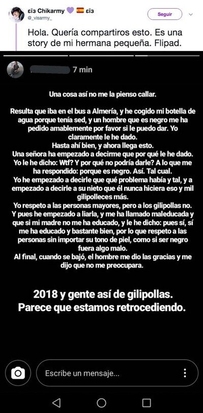 490171 - La historia de esta chica que decide dar de beber a una persona de color y se encuentra con una señora racista