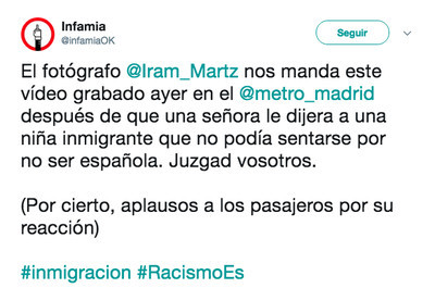 492564 - Una mujer racista la lía en el metro de Madrid prohibiendo a una niña sentarse por ser inmigrante, por @infamiaOK