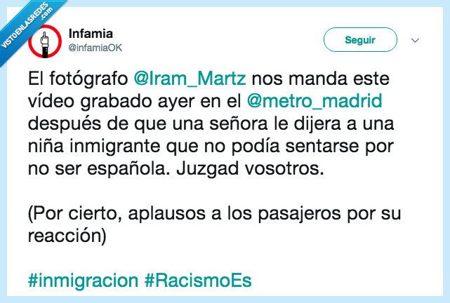 492564 - Una mujer racista la lía en el metro de Madrid prohibiendo a una niña sentarse por ser inmigrante, por @infamiaOK
