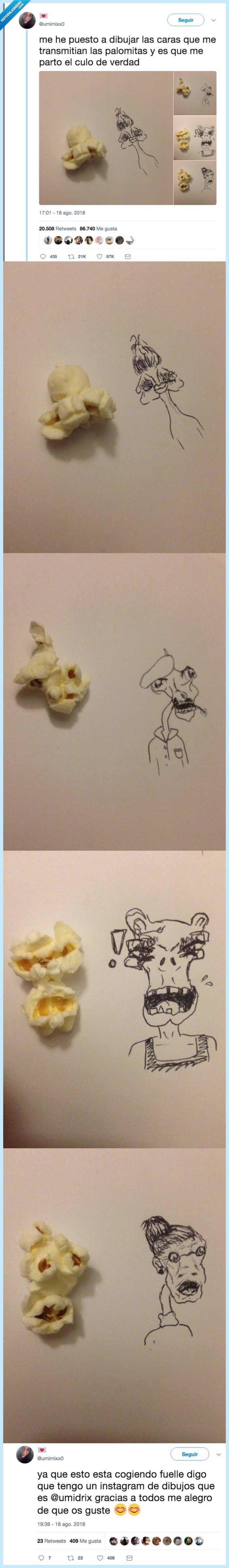 494075 - Dibuja las caras que ve en las palomitas de maíz y no puedo dejar de mirarlas, por @umimixx0