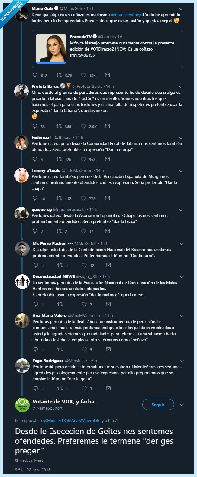 Monica naranjo,coñazo,tostón,tabarra,murga,chapa,brasa,turra,matraca,peñazo,gaita,¿Prengen? al ultimo que lo crusifiquen,un aplauzo por ponerlos todos por favor